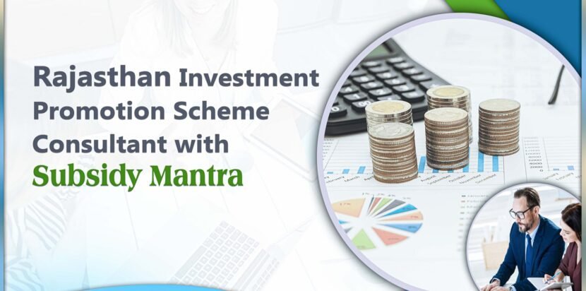 Consultant explaining Rajasthan Investment Promotion Scheme benefits to business owners with Subsidy Mantra branding in the background.