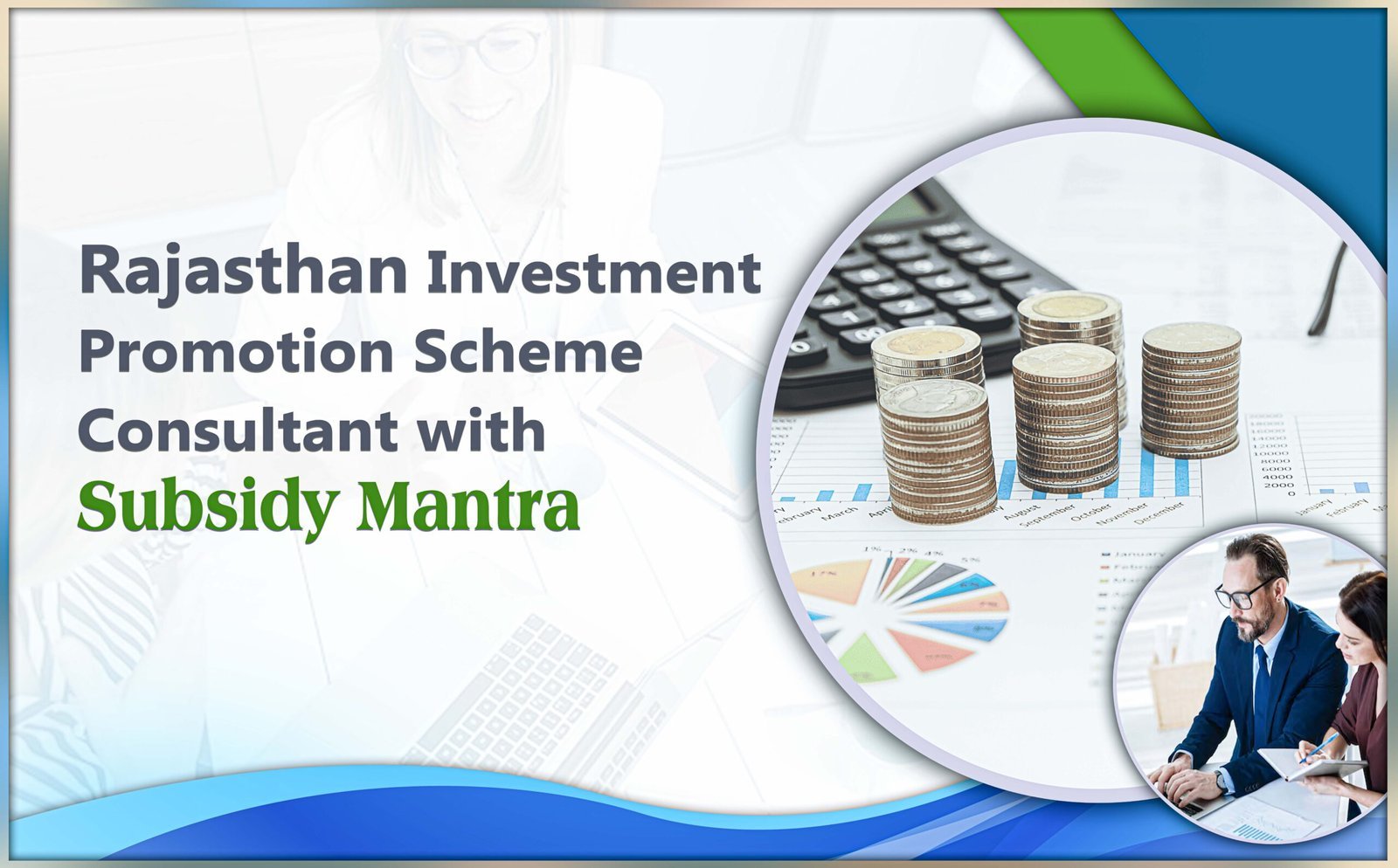 Consultant explaining Rajasthan Investment Promotion Scheme benefits to business owners with Subsidy Mantra branding in the background.